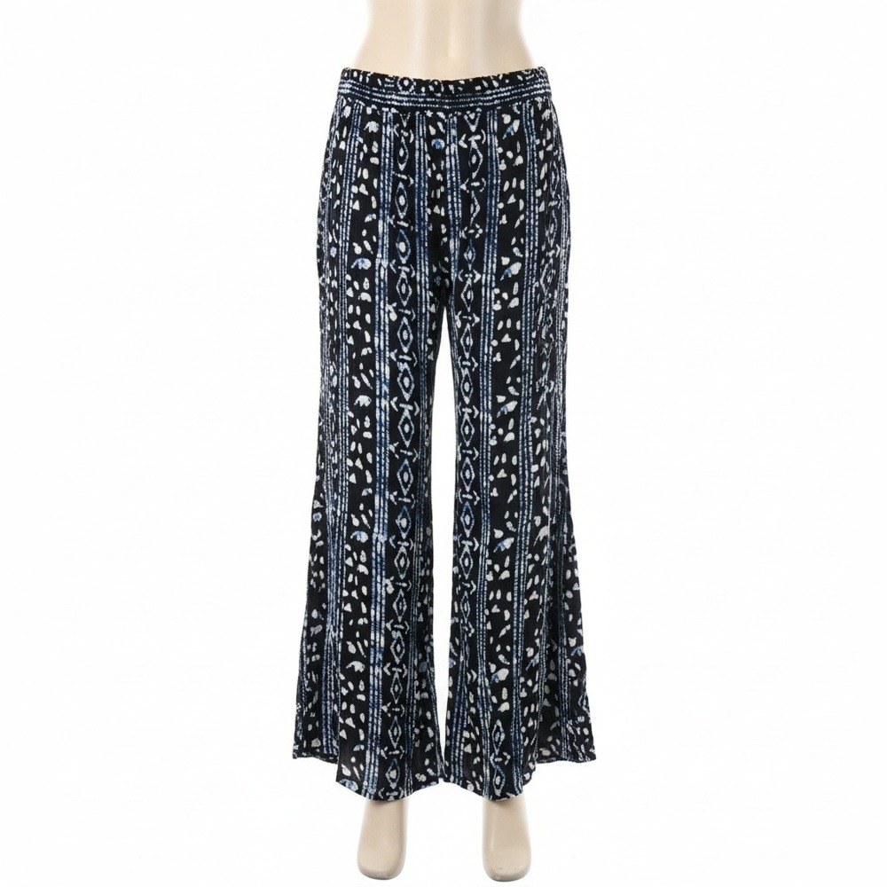 Free People XS Black Blue Boho Print Wide Leg Palazzo Pants Rayon Chic Artsy